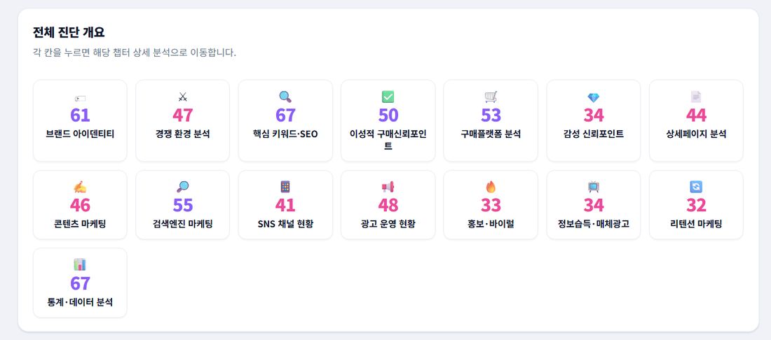 실제 리포트의 전체 진단 개요 — 15개 영역별 점수 화면